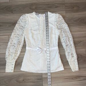 BEBE Illusion Lace Bridal Long Sleeve Blouse With Bow
